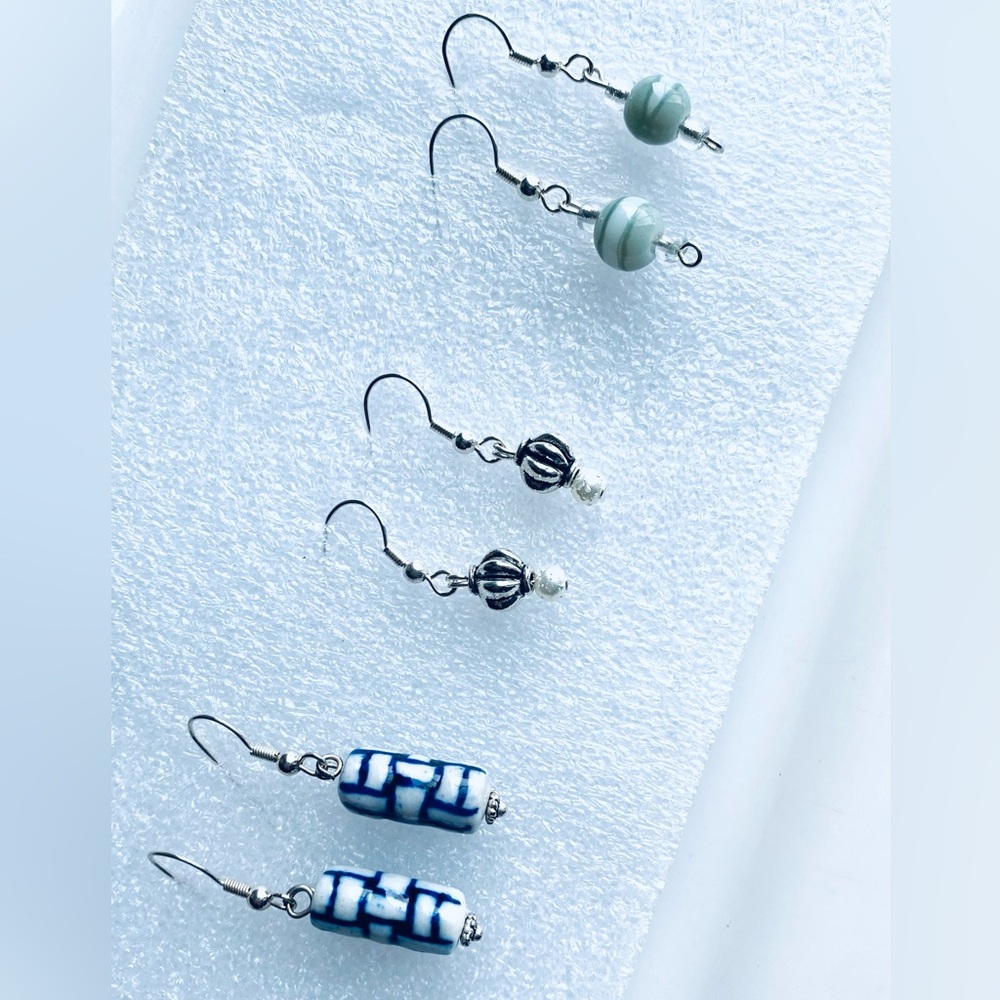 Three Pair Set Silver, Blue and Green Earrings Set